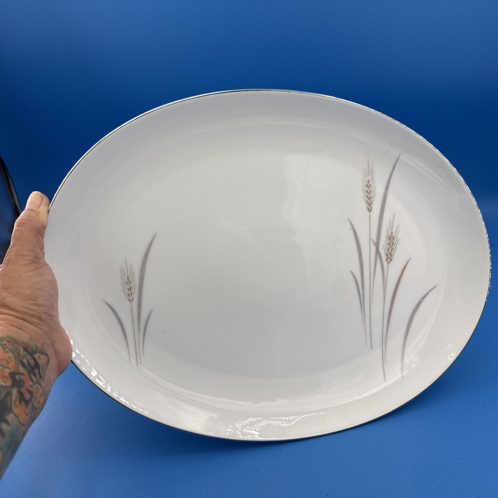 Vintage Platinum Wheat Fine China Japan 14" Oval Serving Platter Silver Trim